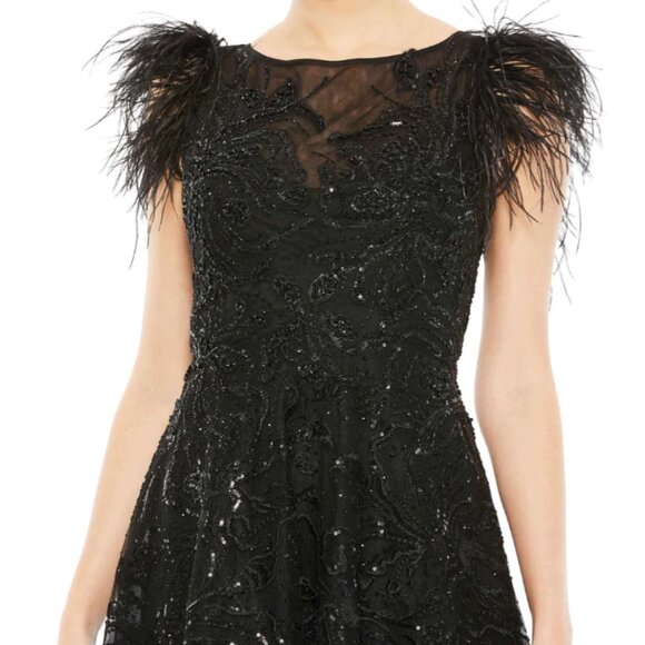 MAC DUGGAL 20400 FEATHER SHOULDER EMBELLISHED BLACK DRESS sz 8 - Picture 2 of 4